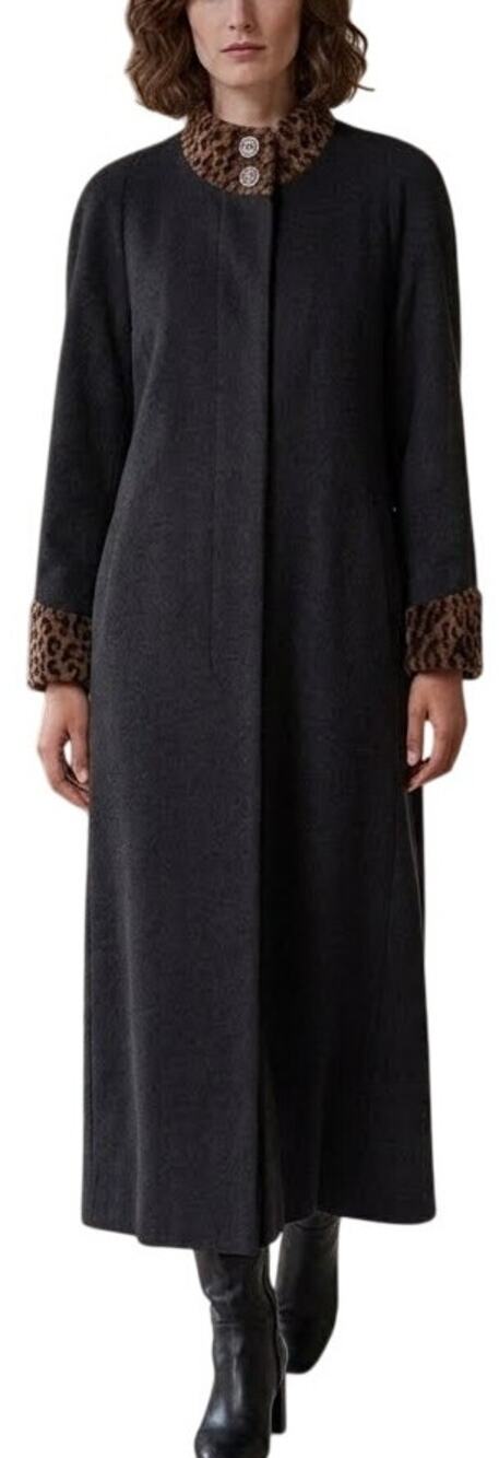 VTG ALORNA Wool Blend Black Opera Coat Leopard velour collar & cuffs SZ 14